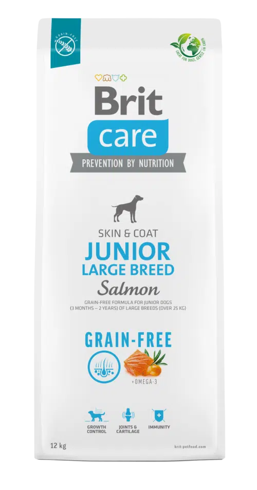 brit care dog grain-free junior large breed jaunų, didelių veislių šunų maistas su lašiša