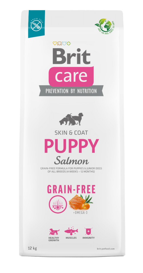 brit care dog grain-free puppy jaunų šunų maistas su lašiša