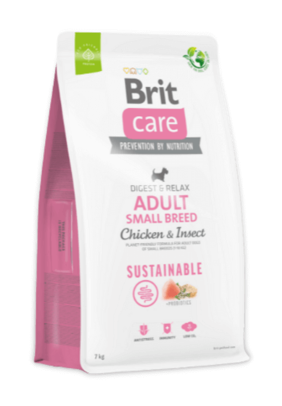 brit care sustainable adult small breed chicken and insect sausas maistas šunims