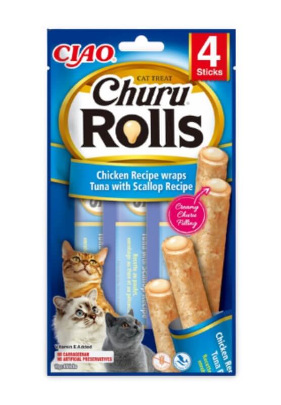 churu cat skanėstas katėms rolls chicken tuna scallop 40g