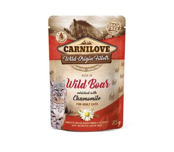 carnilove konservai katėms maišeliuose wild boar chamomile 85g