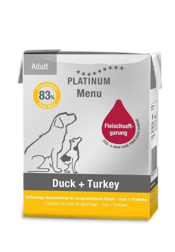 platinum menu duck + turkey adult šunims šlapias maistas