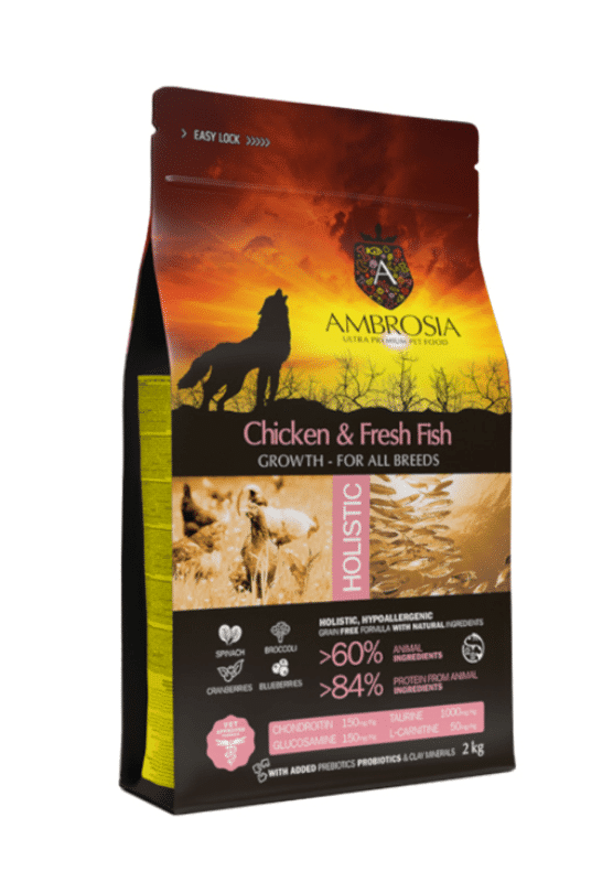 AMBROSIA grain-free Chicken & Fresh Fish Puppy, begrūdis vištienos ir šviežios žuvies sausas maistas šuniukams
