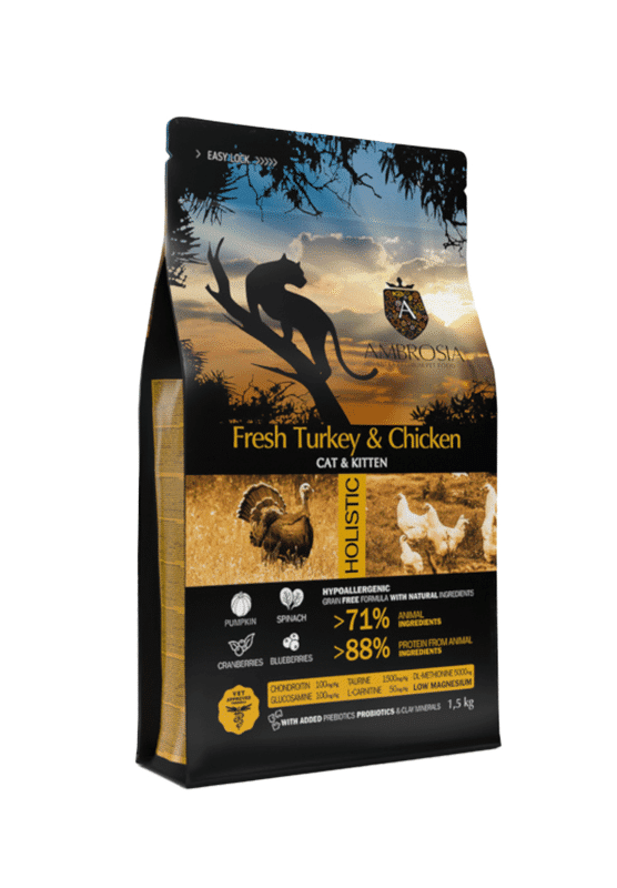 AMBROSIA grain-free Turkey & Fresh Chicken Cat&Kitten, begrūdis sausas maistas katėms su kalakutiena ir vištiena