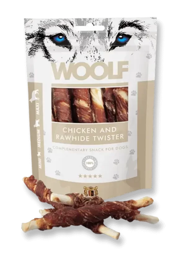 woolf chicken and rawhide twister skanėstai šunims 100 gr