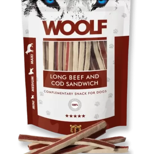 woolf long beef and cod sandwich skanėstai šunims 100 gr
