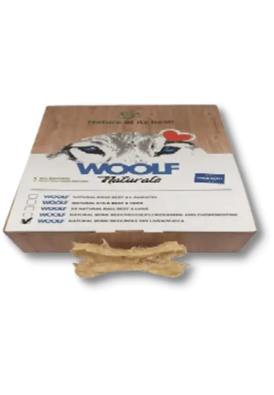 woolf natural bone with beef hide, poultry liver & yucca skanėstai šunims 720 gr
