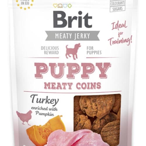 brit jerky puppy turkey meaty coins skanėstas 80g