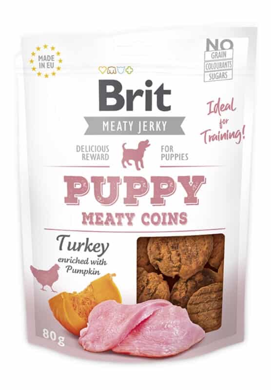 brit jerky puppy turkey meaty coins skanėstas 80g