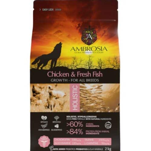 AMBROSIA grain-free Chicken & Fresh Fish Puppy, begrūdis vištienos ir šviežios žuvies sausas maistas šuniukams