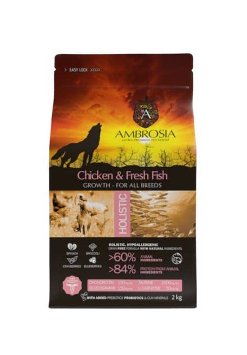 ambrosia grain-free chicken & fresh fish puppy, begrūdis vištienos ir šviežios žuvies sausas maistas šuniukams