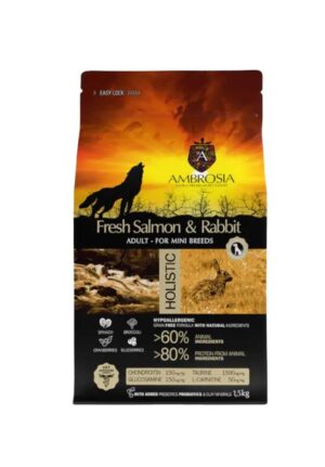 Ambrosia Grain-Free Adult Mini Fresh Salmon & Rabbit - begrūdis sausas maistas mažų veislių šunims su triušiena