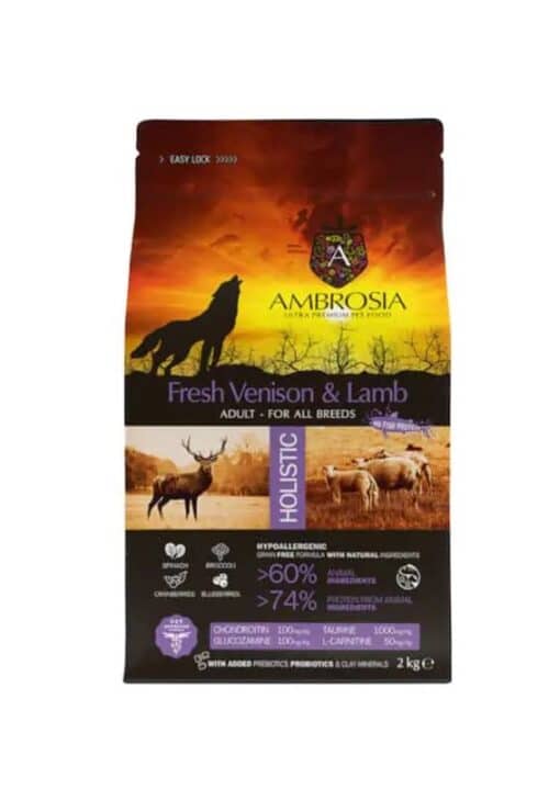 ambrosia grain-free lamb & fresh venison adult, begrūdis ėrienos ir šviežios elnienos sausas maistas