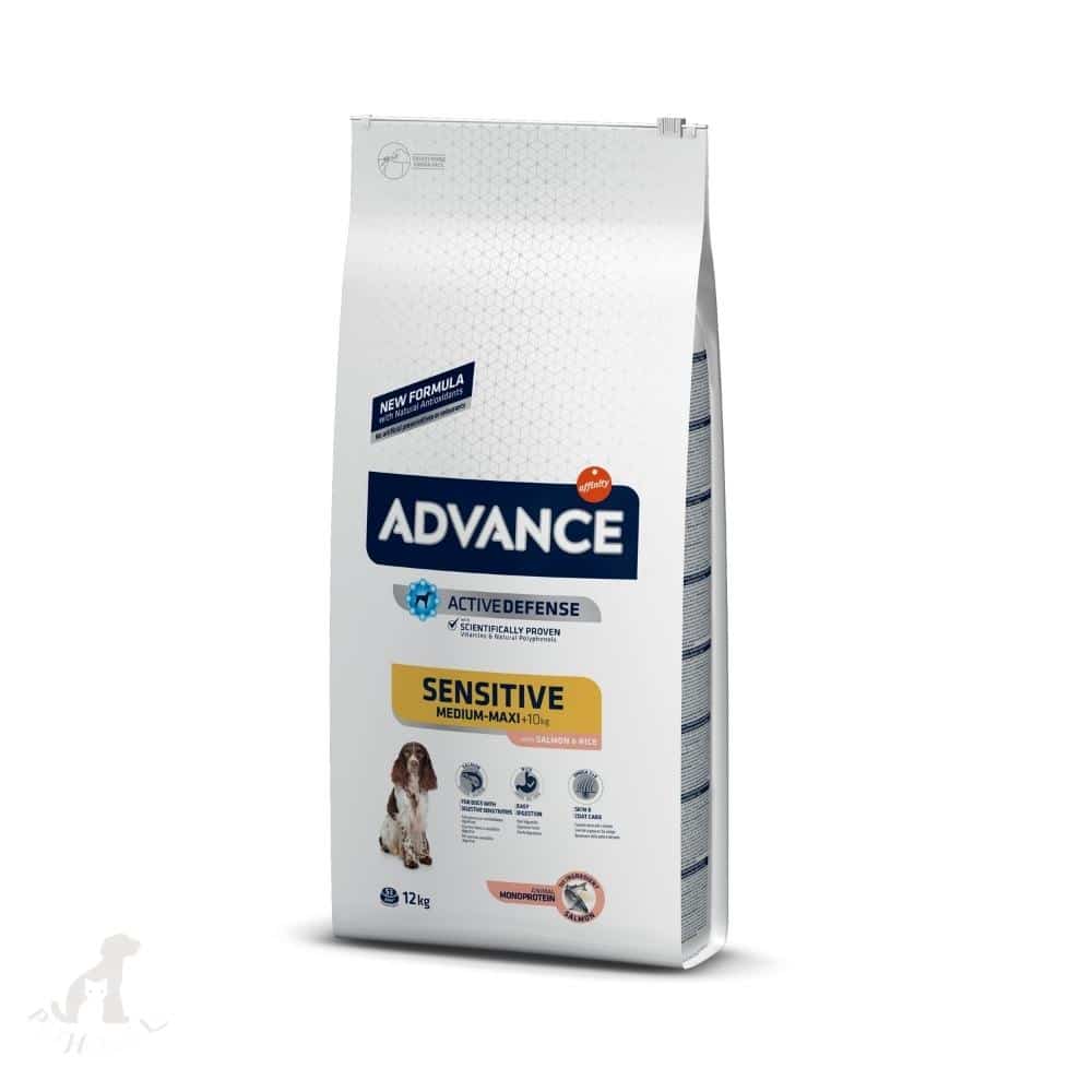 advance sensitive medium-maxi 12kg jautriems šunims su lašiša ir ryžiais