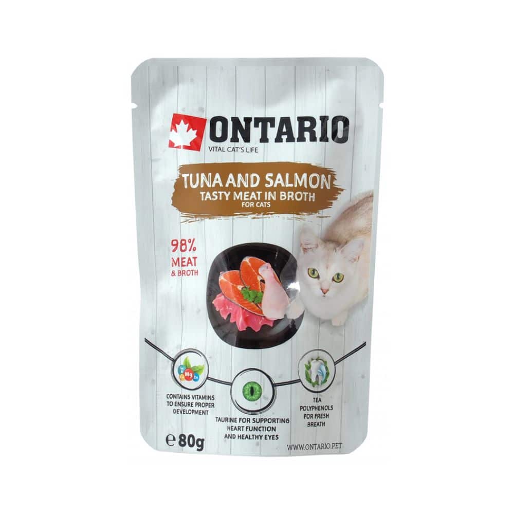 ontario tuna & salmon - konservai katėms su tunu ir lašiša sultinyje 80g