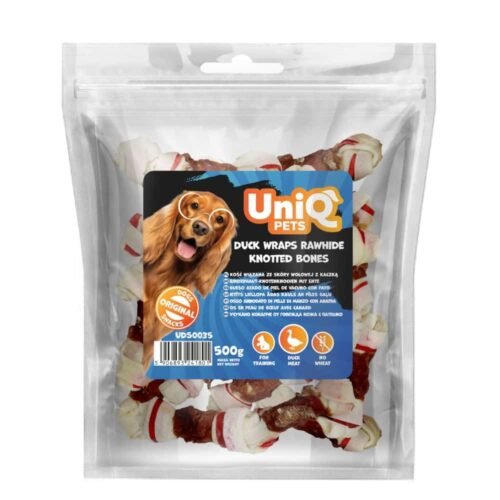 UNIQ PETS  duck wraps rawhide knotted bones 500g skanėstai šunims kauliukai iš odos su antienos mėsa
