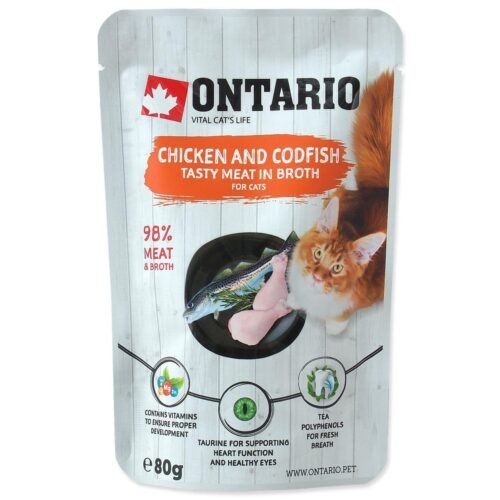 ONTARIO Chicken and Codfish in Broth - konservai katėms su vištiena ir menke 80g