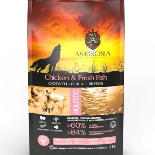 AMBROSIA grain-free Chicken & Fresh Fish Puppy begrūdis vištienos ir šviežios žuvies sausas maistas šuniukams 2kg