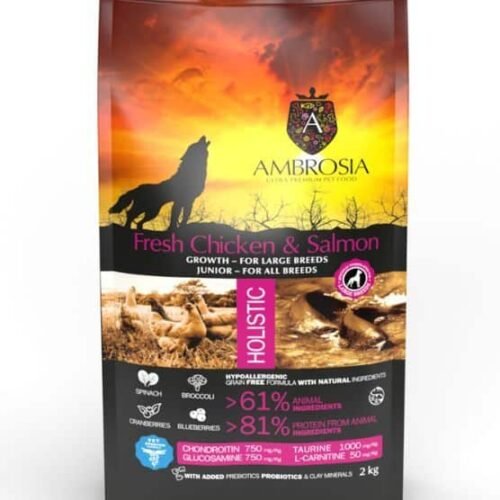 Ambrosia Grain-Free Junior Large breed Fresh Chicken & Salmon - begrūdis sausas maistas jauniems, didelių veislių šunims