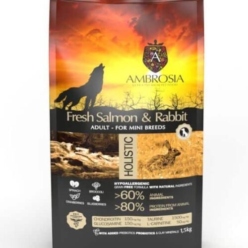 Ambrosia Grain-Free Adult Mini Fresh Salmon & Rabbit - begrūdis sausas maistas suaugusiems, mažų veislių šunims