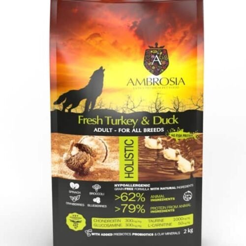 Ambrosia Fresh Turkey & Duck - begrūdis sausas maistas šunims su kalakutiena ir antiena