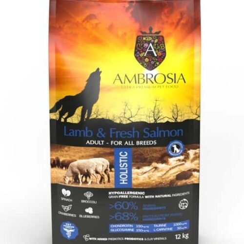 AMBROSIA grain-free Lamb & Fresh Salmon Adult, begrūdis ėrienos ir šviežios lašišos sausas maistas šunims