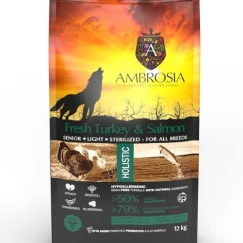 AMBROSIA grain-free Turkey & Fresh Salmon Senior & Sterilised , begrūdis kalakutienos ir šviežios lašišos sausas maistas šunims