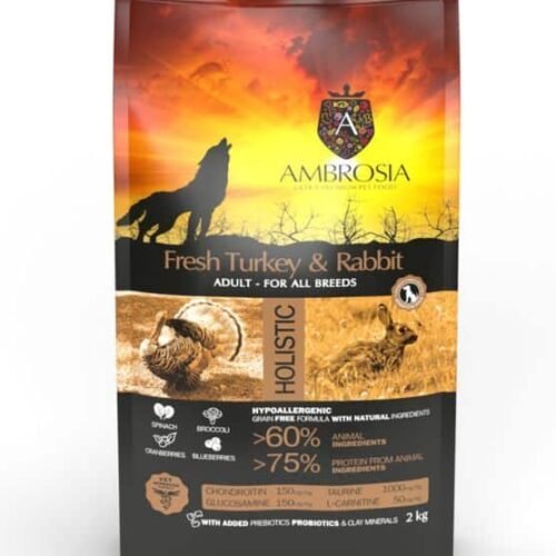 AMBROSIA grain-free Rabbit & Fresh Turkey Adult, begrūdis triušienos ir  kalakutienos begrūdis sausas maistas šunims