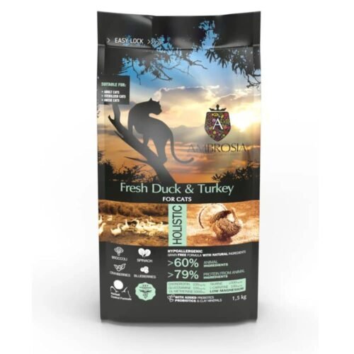 Ambrosia Fresh Duck & Turkey Sterilised begrūdis sausas maistas katėms su antiena ir kalakutiena