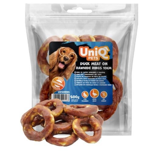 UNIQ PETS 500g duck meat on rawhide rings 10cm buivolo odos žiedai su antienos mėsa