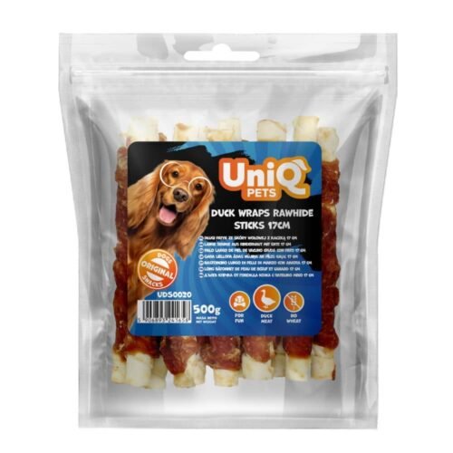 UNIQ PETS dog snacks 500g duck wraps rawhide sticks 17cm stambios lazdelės su antiena ir buivolo oda