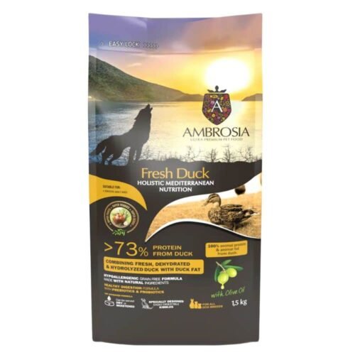 AMBROSIA Fresh Duck vieno baltymo begrūdis sausas maistas šunims su antiena
