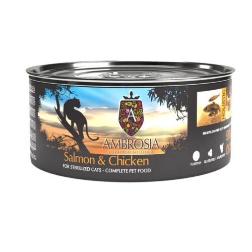 AMBROSIA Sterilized&Light, Senior Salmon & Chicken konservai katėms be grūdų, 150g