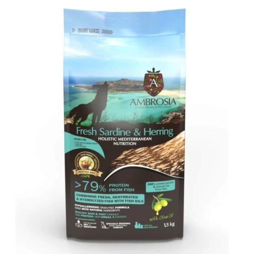 AMBROSIA Fresh Sardine & Herring begrūdis sausas maistas šuniukams su sardine ir silke