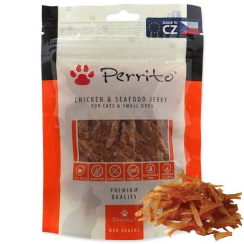 Perrito chicken and seafood jerky skanėstai šunims ir katėms vištienos ir žuvies gabaliukai 100g